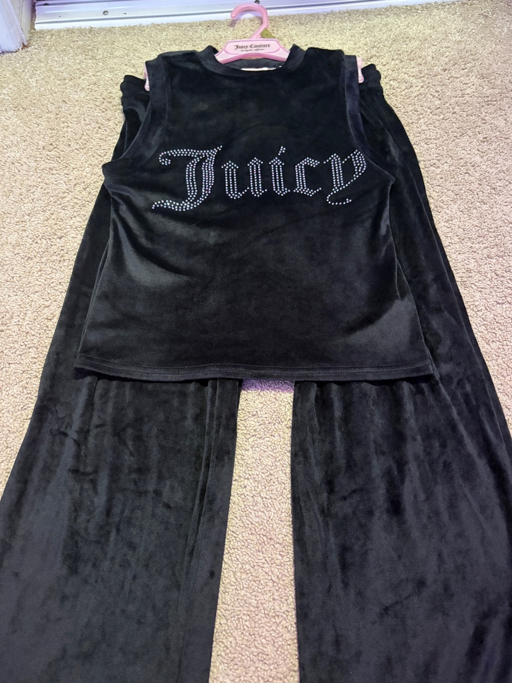 Juicy Couture Black Velour Tank and Track Pants Set with Rhinestone Logo